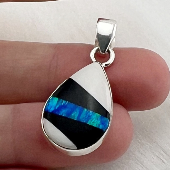 Sterling Silver 925 Blue Fire Opal Pendant Shell Onyx Inlay Stripe Southwest New - Picture 5 of 9